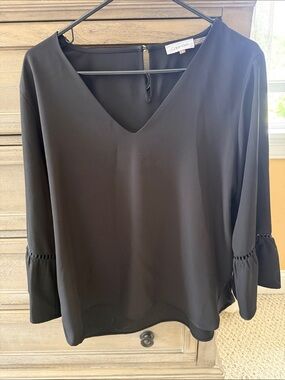 Calvin Klein Black V-Neck Long Sleeve Blouse with Subtle Sleeve Trim